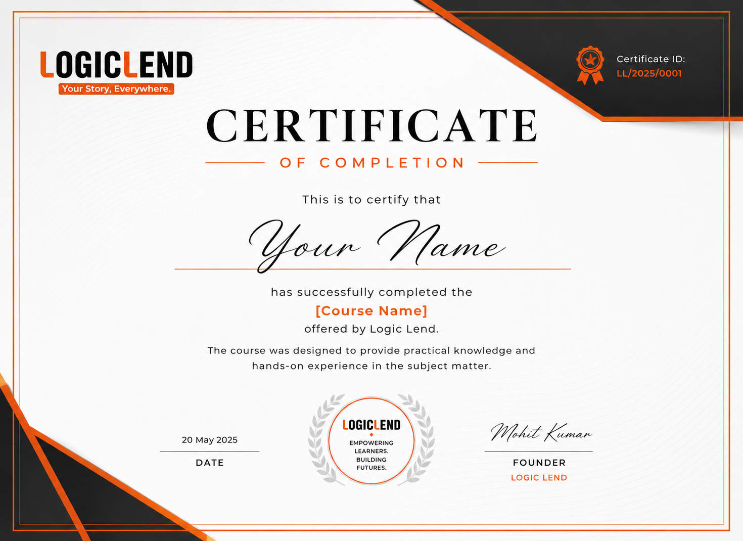 Logic Lend Certificate of Completion sample